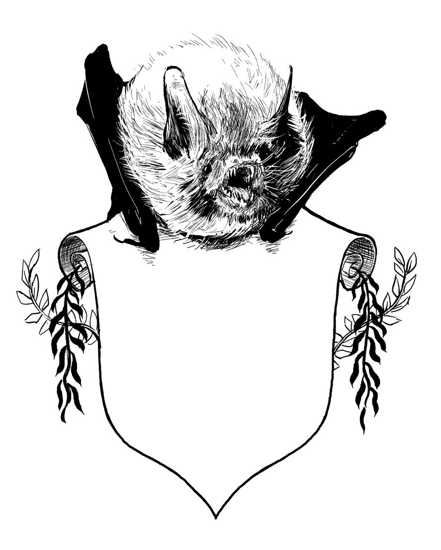 A drawing of a decorative crest with a screeching little brown bat.