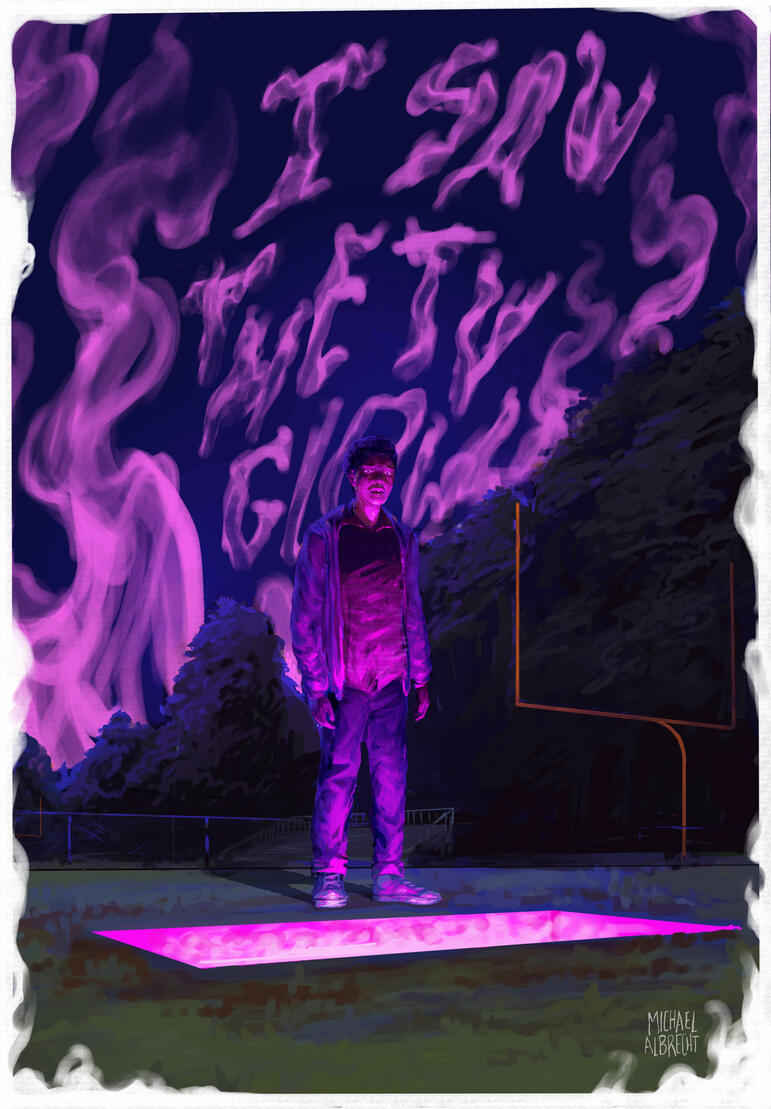 An illustration of Owen from "I Saw the TV Glow" standing in front of an open grave dug in a field, from within which a pink light glows.
